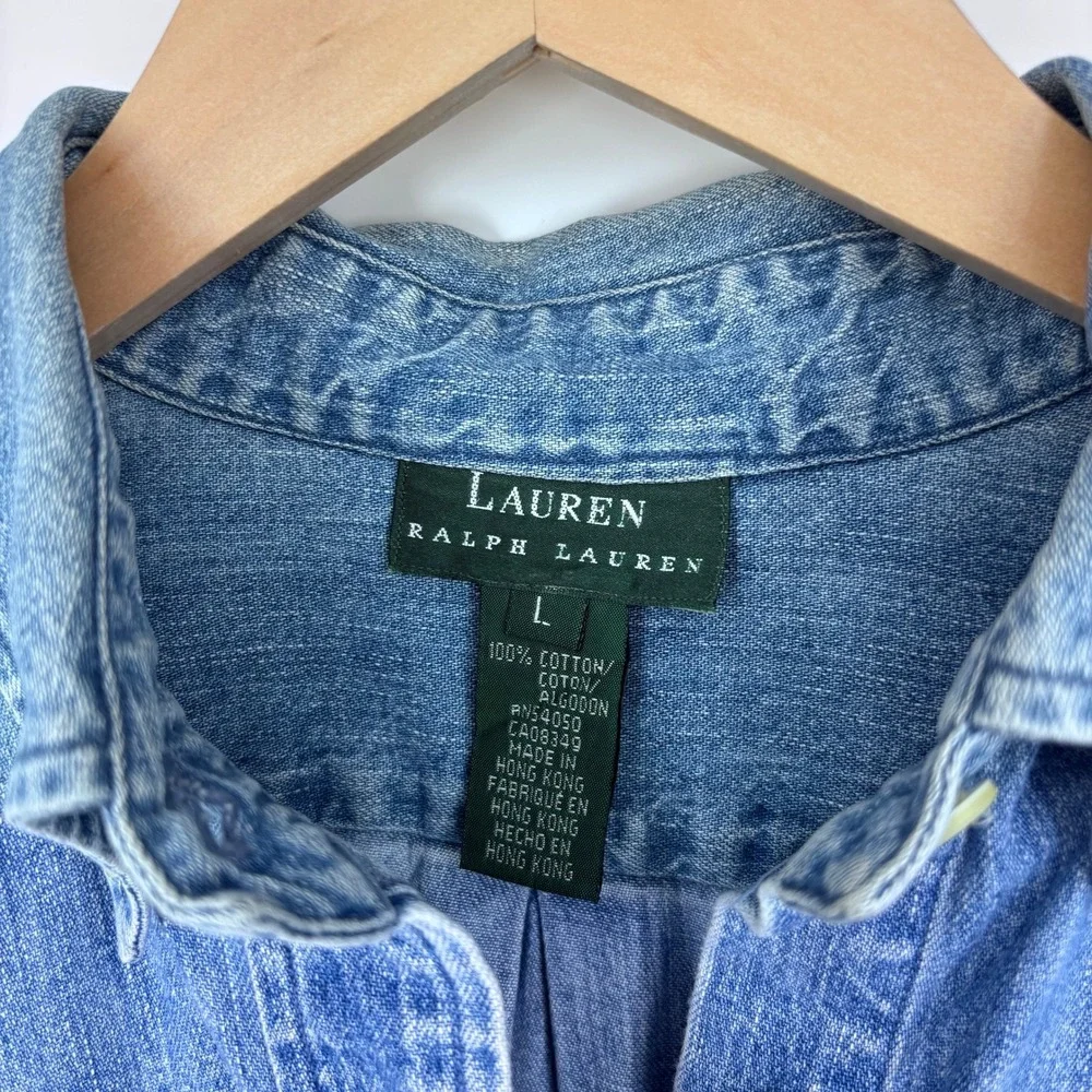 VTG 90s Lauren Ralph Lauren Crest Logo Denim Button Down Shirt Women L Blue FLAW